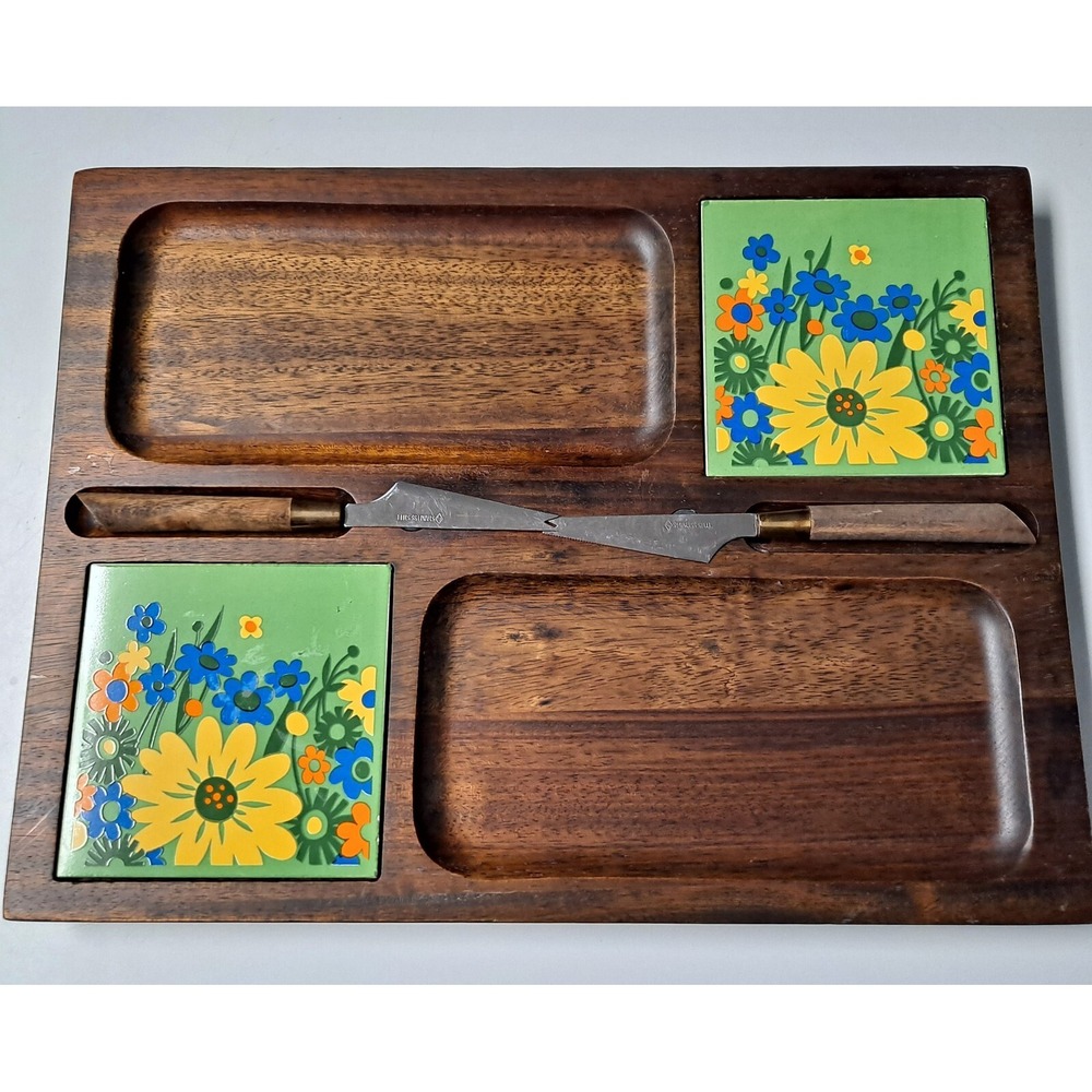 Vitage Cheese Cracker Board Imperial  Floral Hand Carved Hard Wood‎ Japan 14.5"
